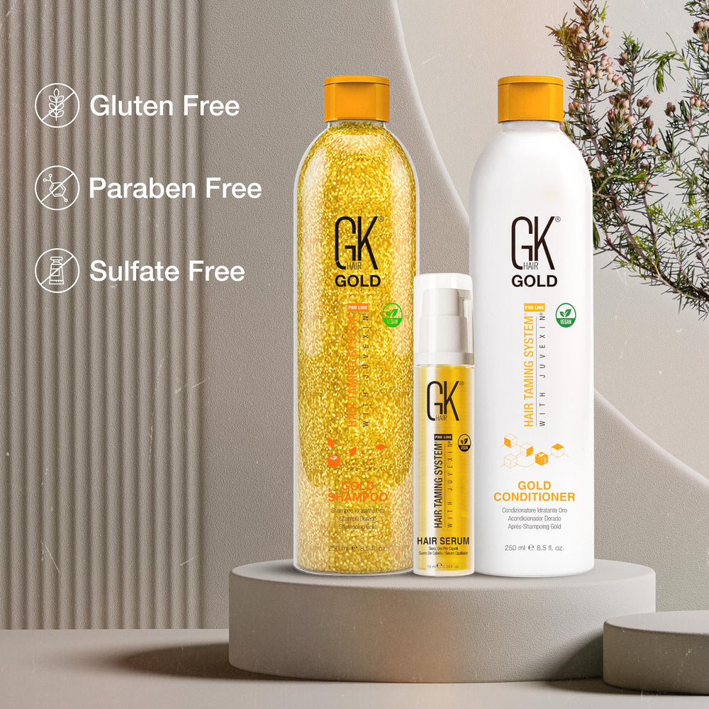 GK Hair Gold Daily care routine setup demonstrates simple, sustainable hair care.