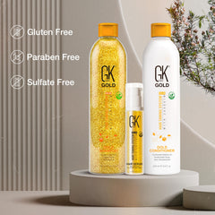 GK Hair Gold Daily care routine setup demonstrates simple, sustainable hair care.
