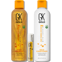 GK Hair Gold Shampoo bottle pour demonstrates moisturizing cleansing for all hair types.