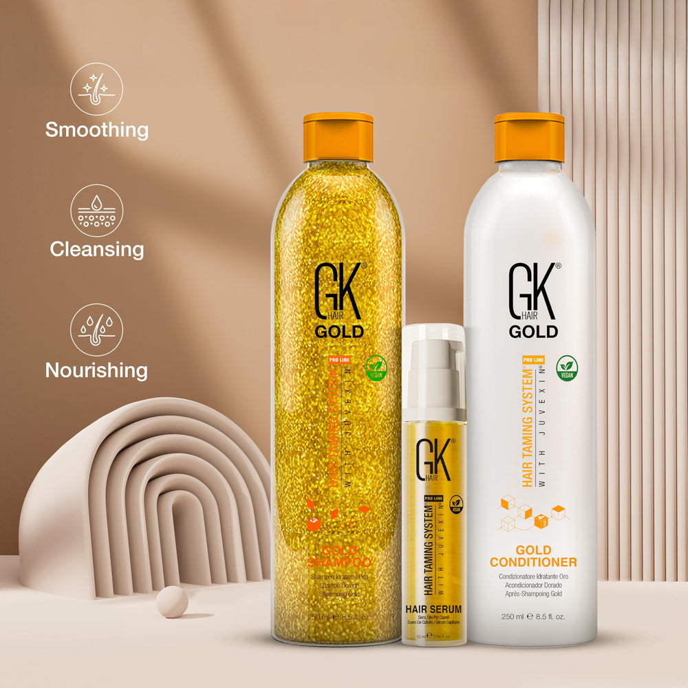 GK Hair Gold Shine finish close-up highlights radiant reflections on hair.
