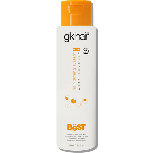 GK Hair Keratin Treatment bottle pour showing anti-frizz smoothing benefits