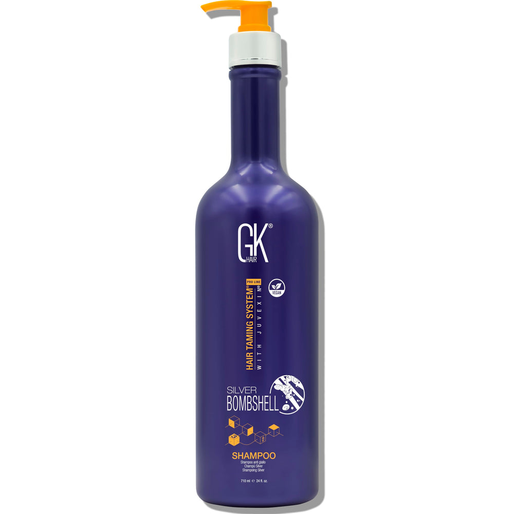 GK Hair Silver Bombshell Shampoo bottle shows violet formula to neutralize brass and yellow tones