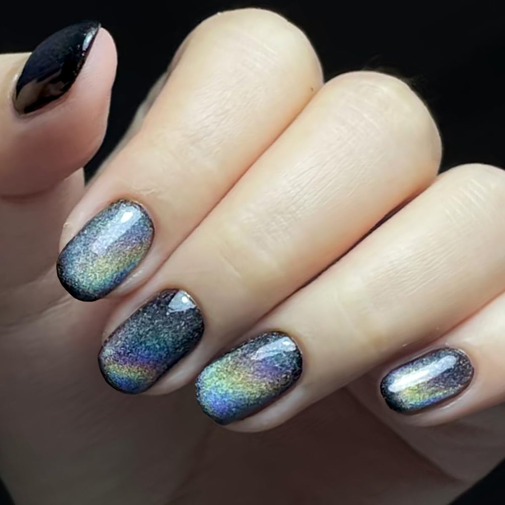 GlamerMaid Laser Black Short Press On Nails with Aurora Cat Eyes for a dramatic at-home manicure.