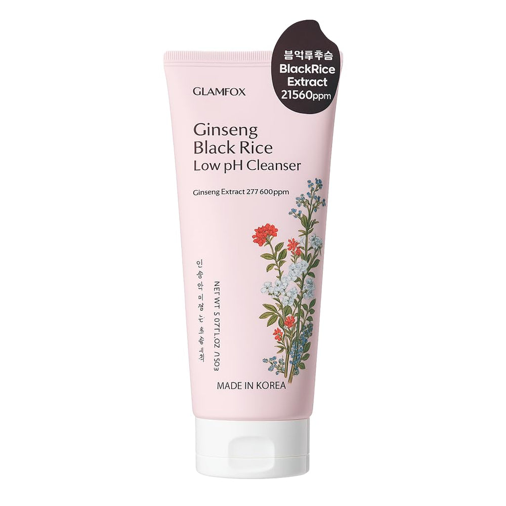 Glamfox Ginseng Black Rice cleanser bottle pour showing gentle, hydrating cleansing for sensitive skin