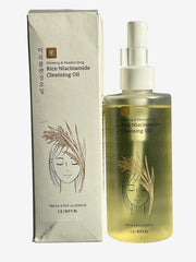 Glamfox Rice Niacinamide Cleansing Oil bottle pouring, dissolving makeup and impurities for a clean finish