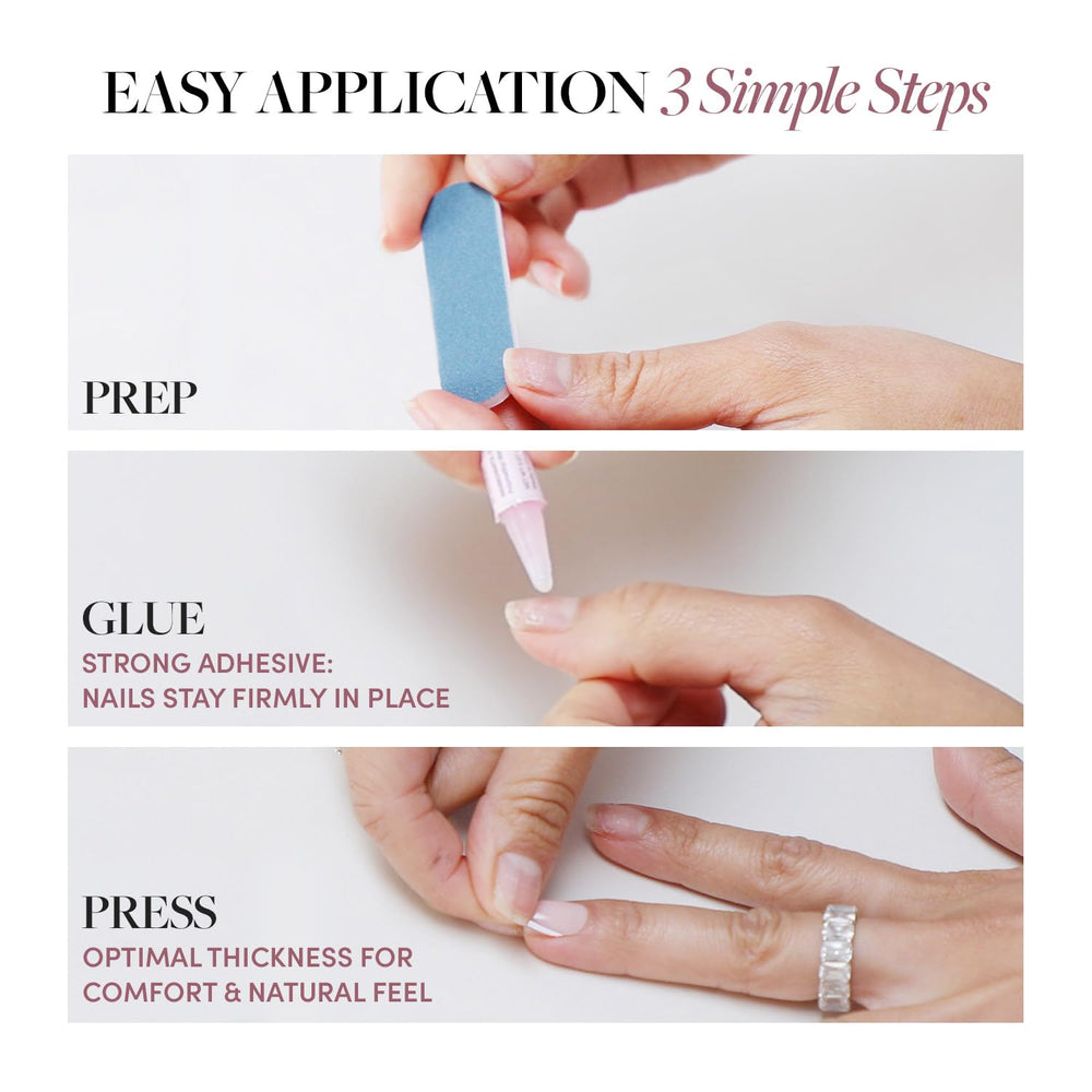 Glamnetic Azure Blue nails in use for simple at-home application.