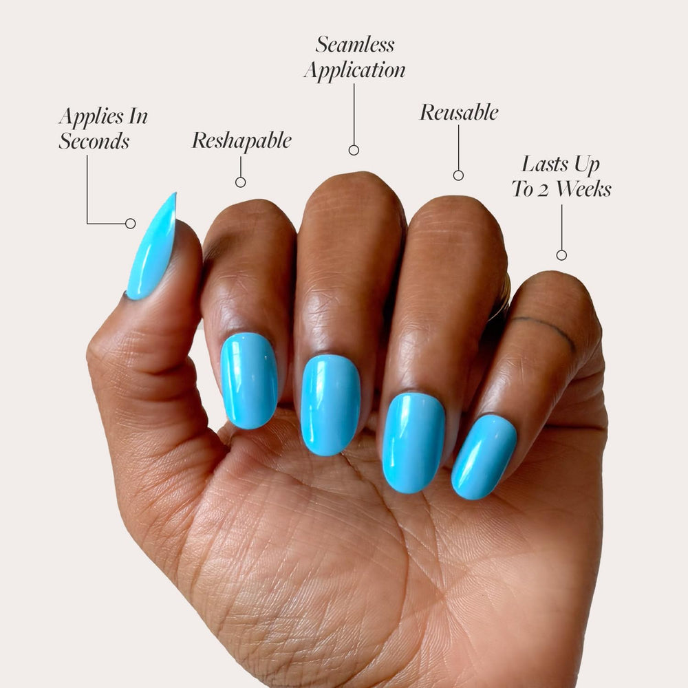 Glamnetic Azure Blue nails oval shape for comfortable wear.
