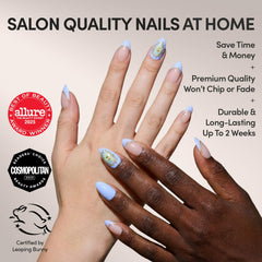 Glamnetic powder blue French tips on short almond nails for refined style