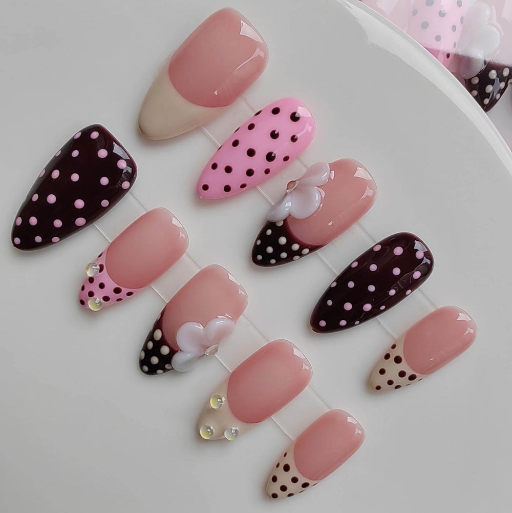 Gleamrain almond press-on nails with flower and polka dots on nude base for versatile daily wear