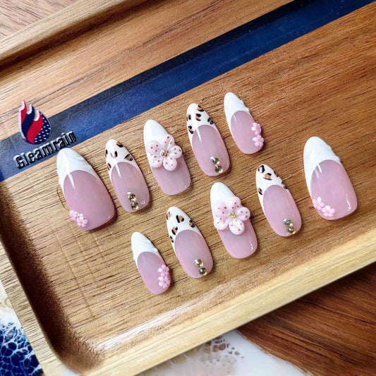 Gleamrain almond press-on nails in M size, ready for easy at-home wear.