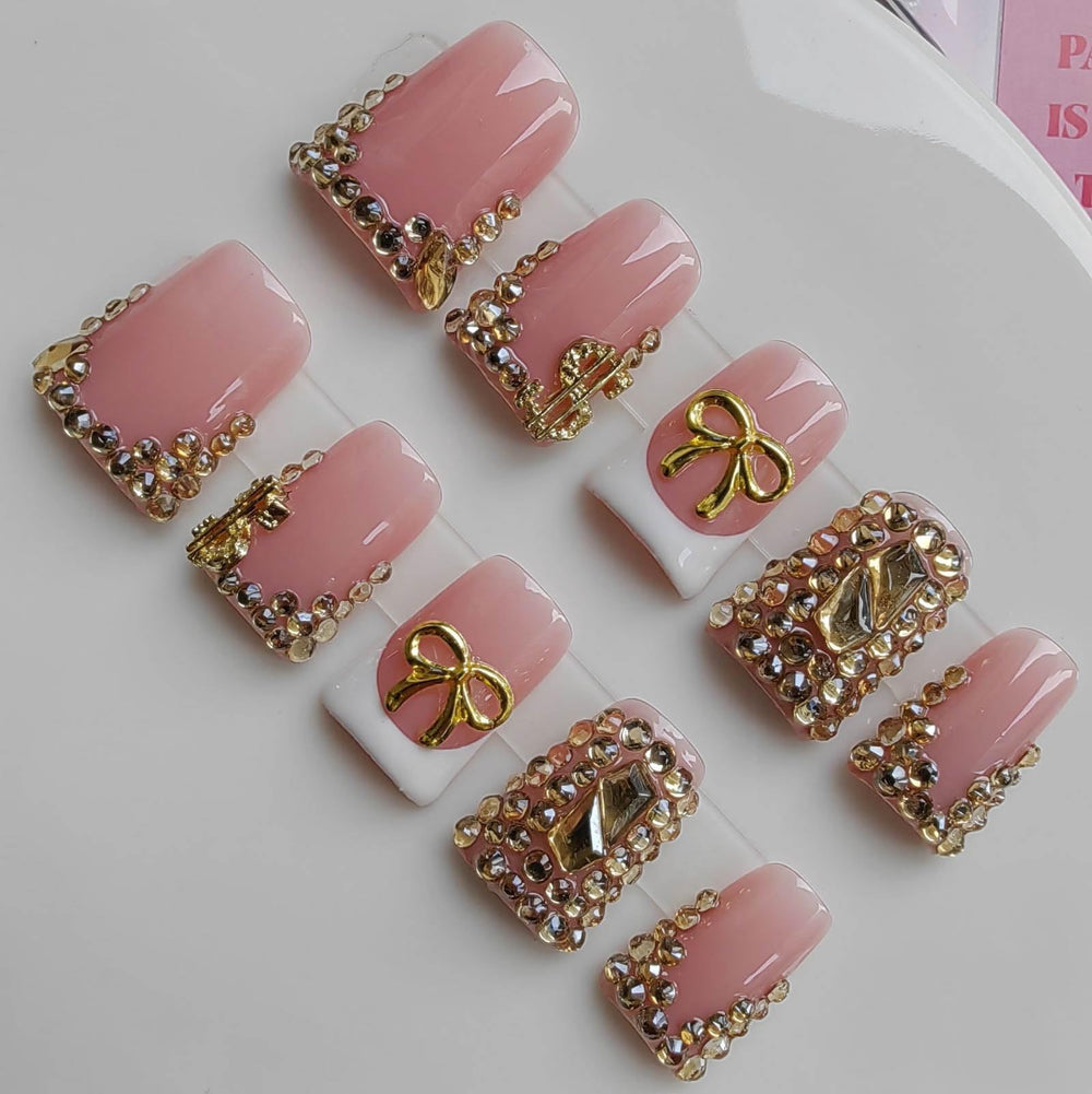 Gleamrain Duck press-on nails pink close-up showing floral textures and shine