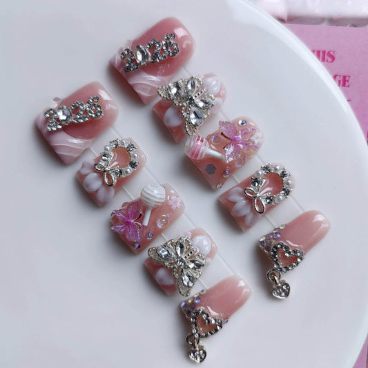 Gleamrain duck-shaped nails in pink with floral accents for everyday elegance