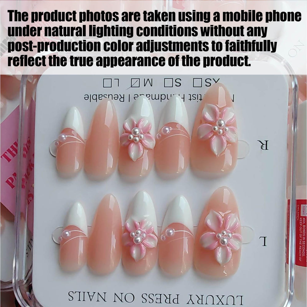 Gleamrain medium handmade French tip nails with floral and pearl design.