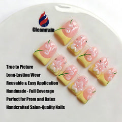 Gleamrain yellow French tip nails with 3D flowers for standout style