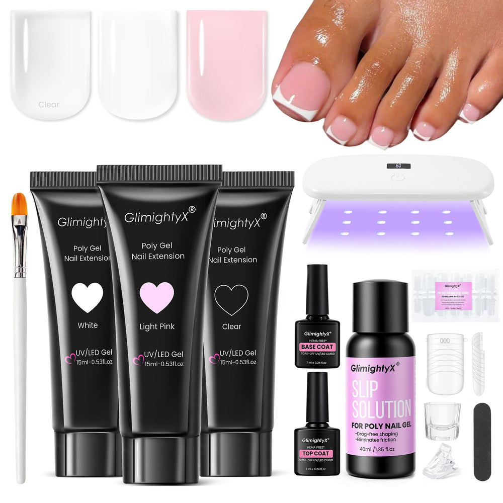 GlimightyX poly gel toenail kit packaging showing complete at-home pedicure setup