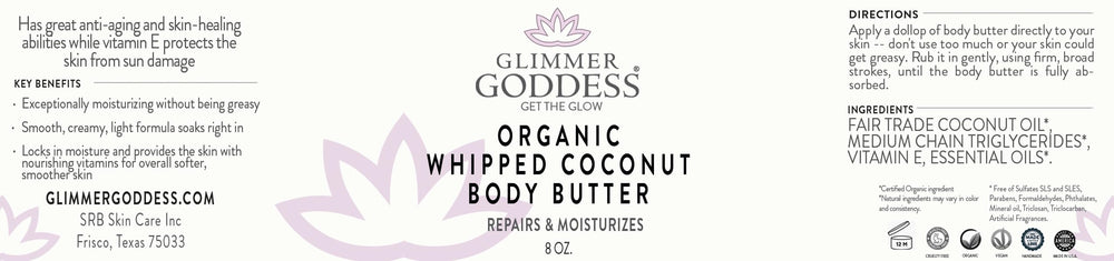 Glimmer Goddess organic coconut oil ingredients list highlighting natural nourishment and antioxidants.