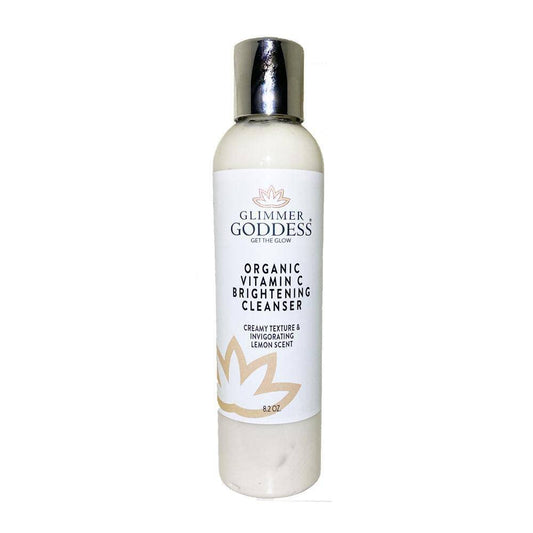 Glimmer Goddess Organic Vitamin C Facial Cleanser bottle front for daily hydration.