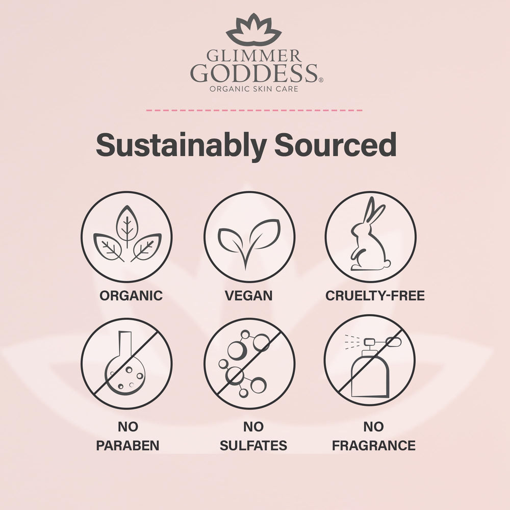 Glimmer Goddess packaging showcasing organic ingredients and cruelty-free label.