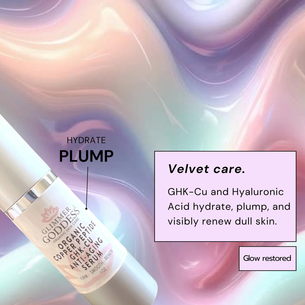 Glimmer Goddess serum-ingredient-illustration highlights copper peptides and matrixyl benefits.