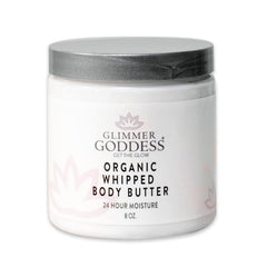 Glimmer Goddess whipped body butter jar showing luxurious hydration for dry skin