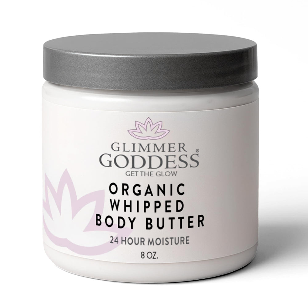 Glimmer Goddess whipped body butter jar, salted caramel, close-up for rich hydration.