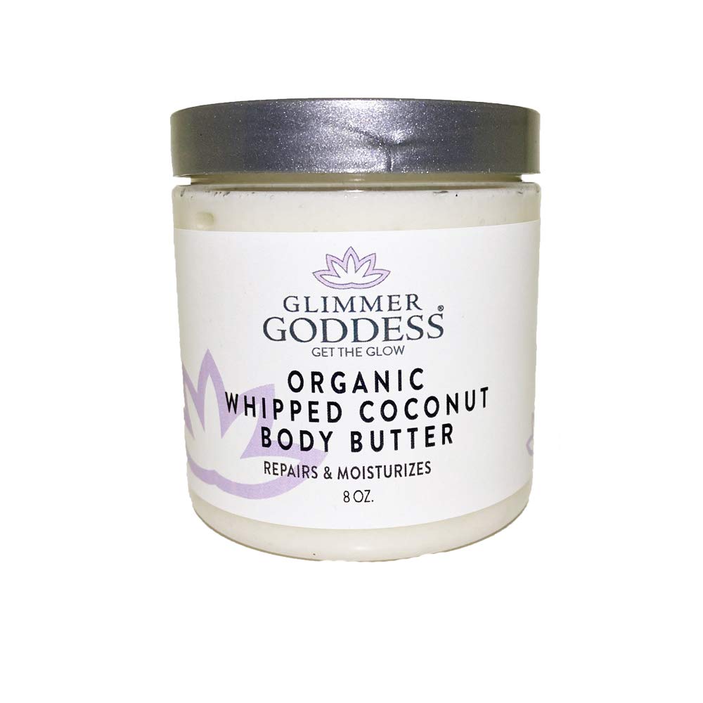 Glimmer Goddess whipped coconut oil body butter jar close-up showing rich hydration.