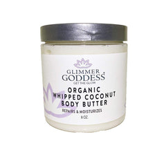 Glimmer Goddess whipped coconut oil body butter jar close-up showing rich hydration.