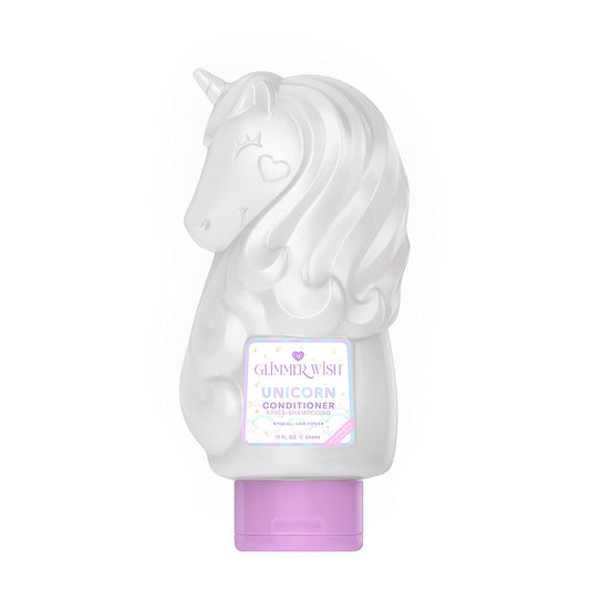 Glimmer Wish Unicorn Conditioner bottle close-up showing pearly finish and cotton candy scent for detangling