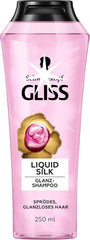 Gliss Liquid Silk Shampoo bottle previewing silky softness and natural shine