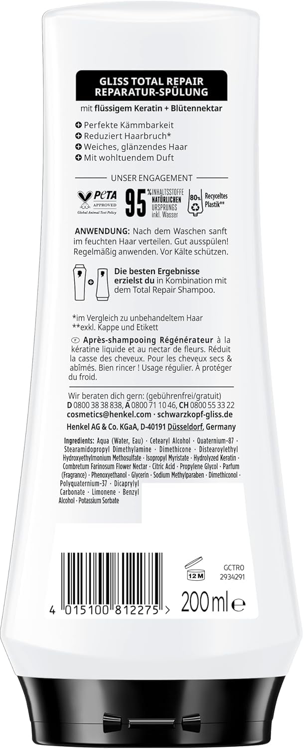Gliss Total Repair Conditioner packaging highlighting keratin protection for dry, damaged hair.