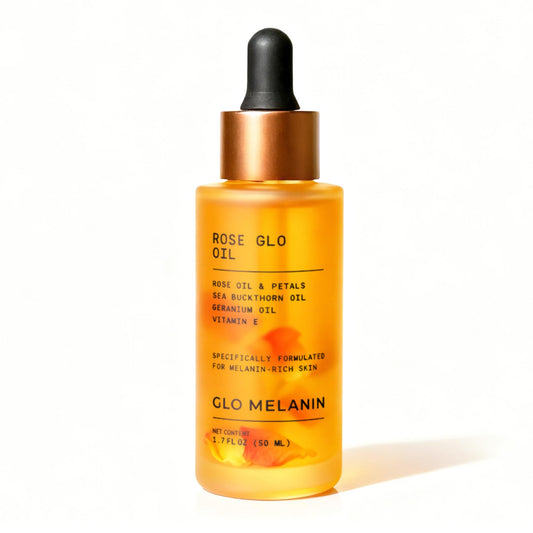 Glo Melanin Rose Glo Oil bottle with dropper, ready for daily hydration.