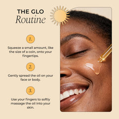 Rose petals and oil droplets around Glo Melanin Rose Glo Oil packaging.