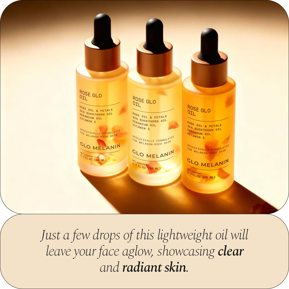 Vitamin E rich Rose Glo Oil highlighting antioxidant support for melanin-rich skin.