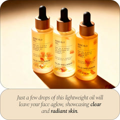 Vitamin E rich Rose Glo Oil highlighting antioxidant support for melanin-rich skin.
