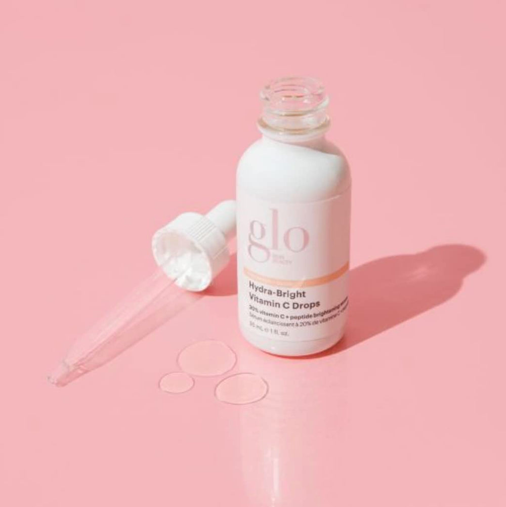 Glo Skin Beauty Hydra-Bright Drops ingredients panel with 20% vitamin C