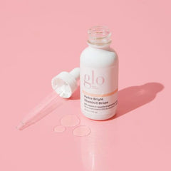 Glo Skin Beauty Hydra-Bright Drops ingredients panel with 20% vitamin C