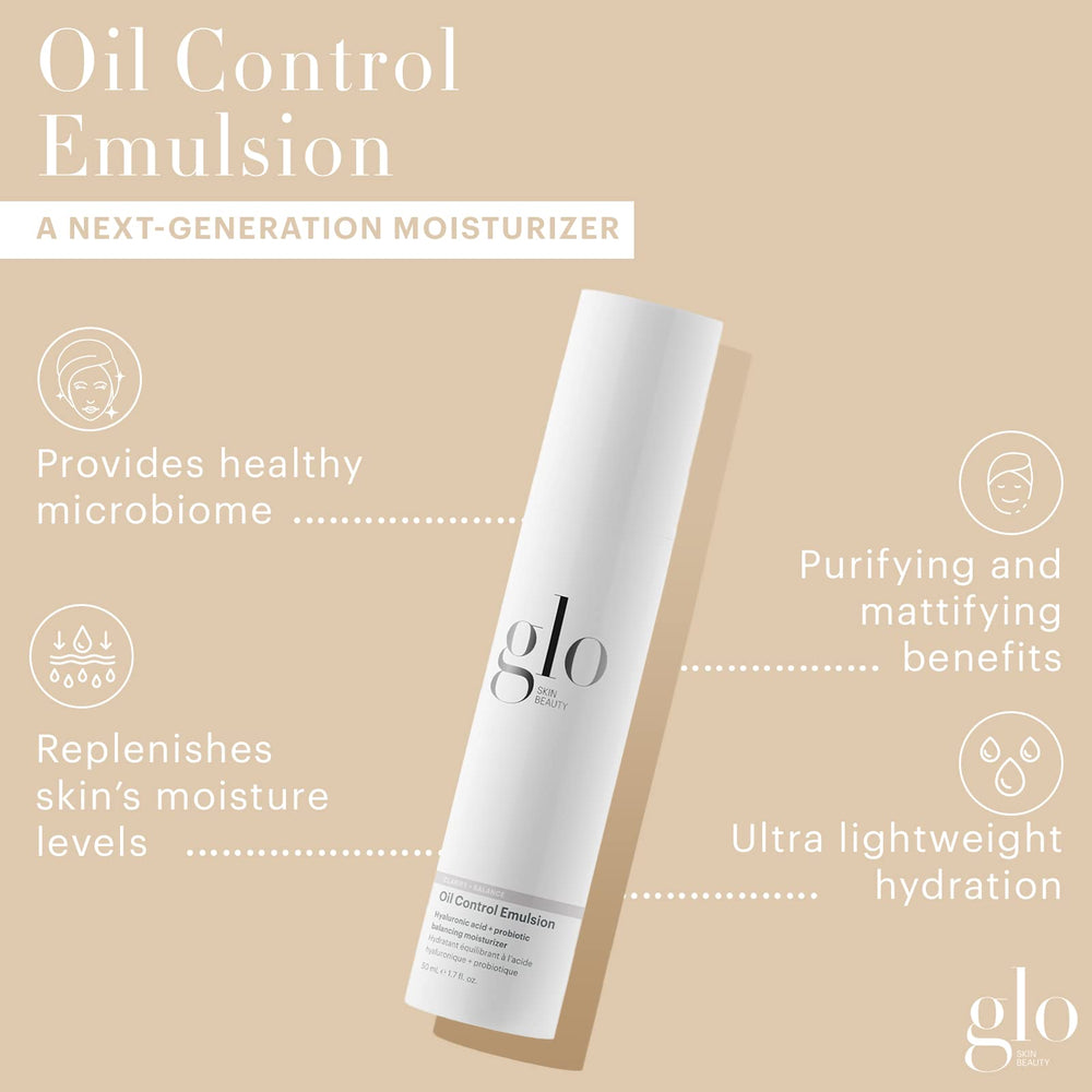 Glo Skin Beauty Oil Control Emulsion jar reveals a lightweight, breathable texture for daily use.