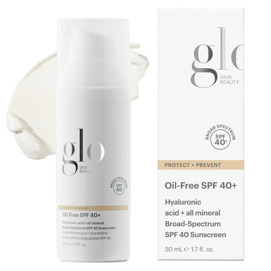 Glo Skin Beauty Oil Free SPF 40+ bottle closeup, weightless protection for daily wear