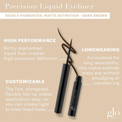 Glo Skin Beauty Precision Liquid Eyeliner Dark Brown fine-tip application for clean winged looks.