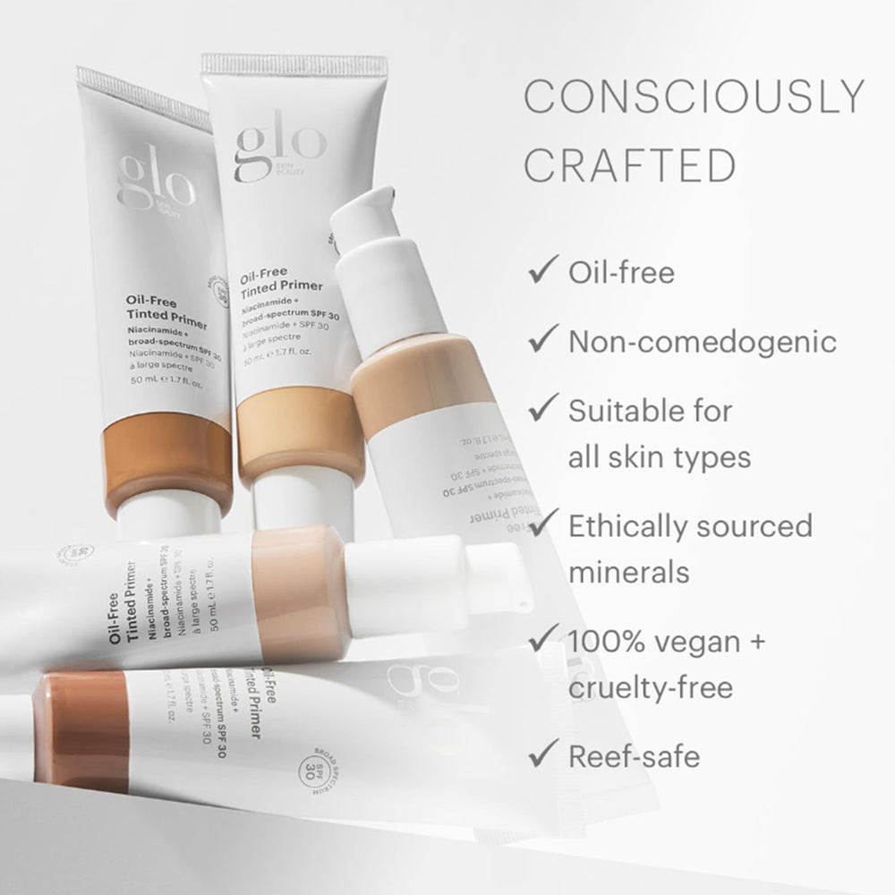 Glo Skin Beauty primer packaging highlighting vegan, sustainable formula.