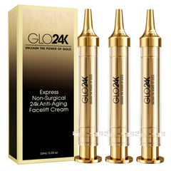 GLO24K Instant Facelift Cream texture with gold particles for hydration and glow