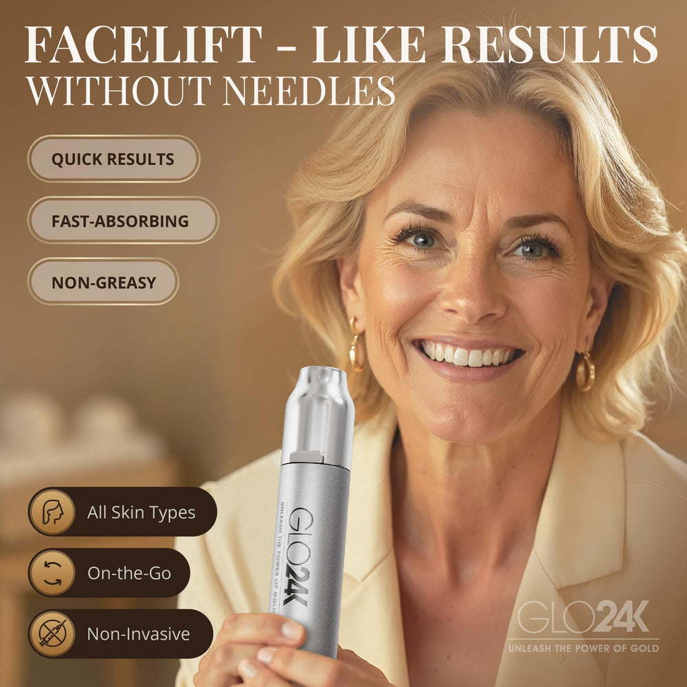 GLO24K lifting cream applied under the eyes for smoothing and tightening.