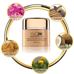 GLO24K Serum bottle with dropper enables precise application.