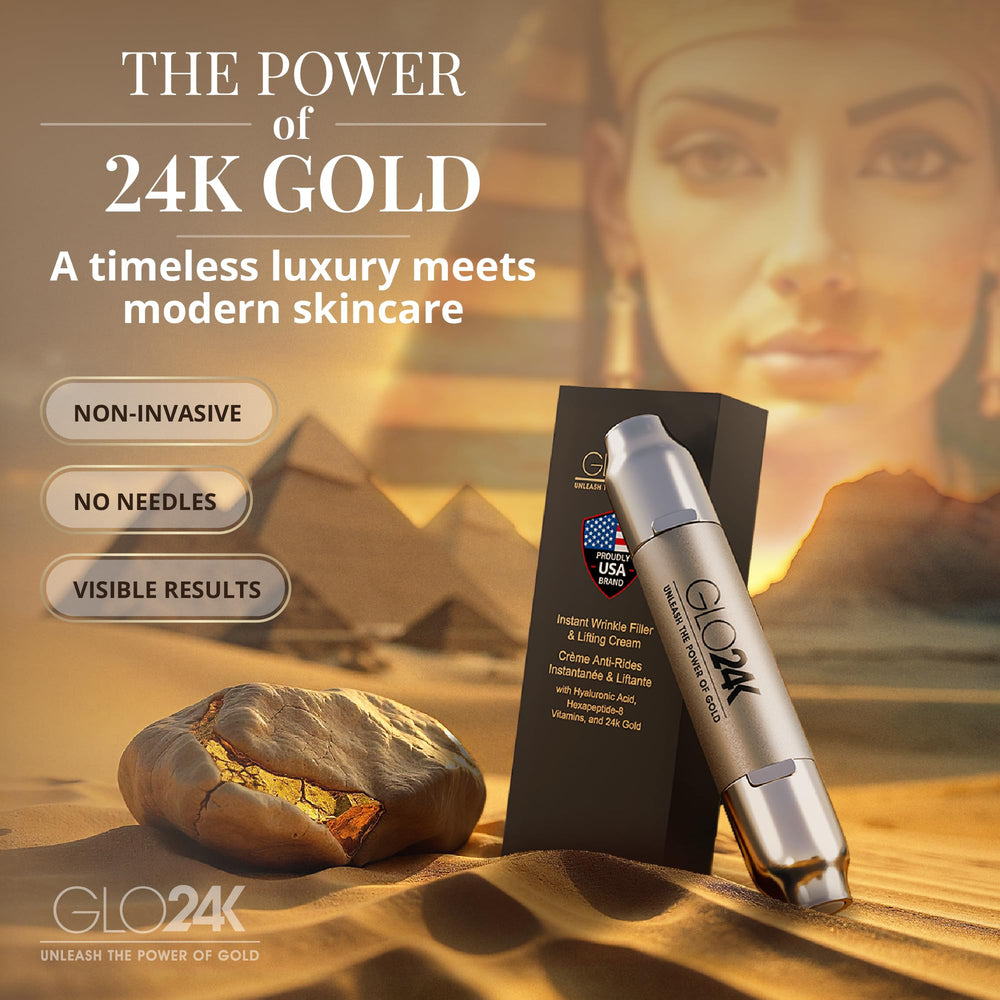 GLO24K cruelty-free vegan skincare packaging signals ethical luxury.