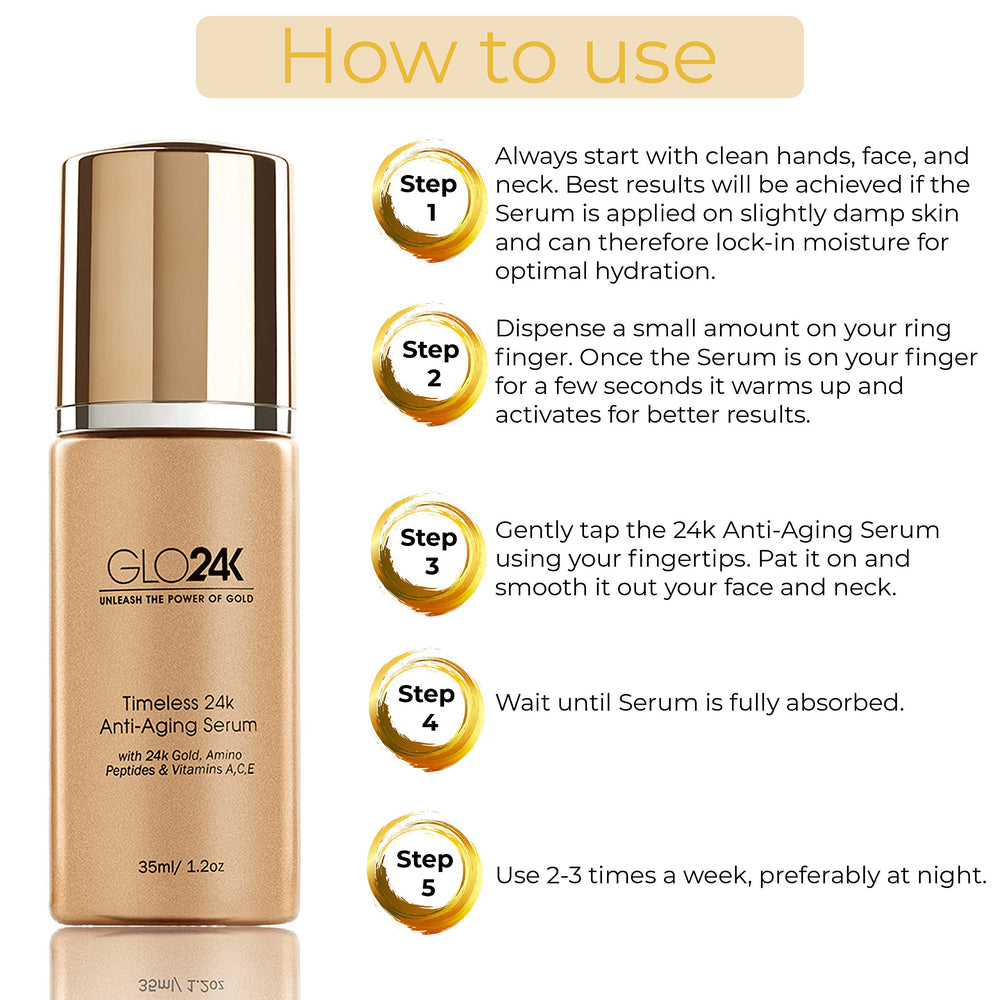 GLO24K vitamins A C E banner suggests antioxidant protection.