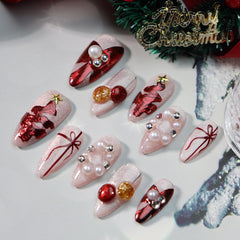 GLORS Christmas press-on nails almond shape with pearl accents for a quick festive manicure.