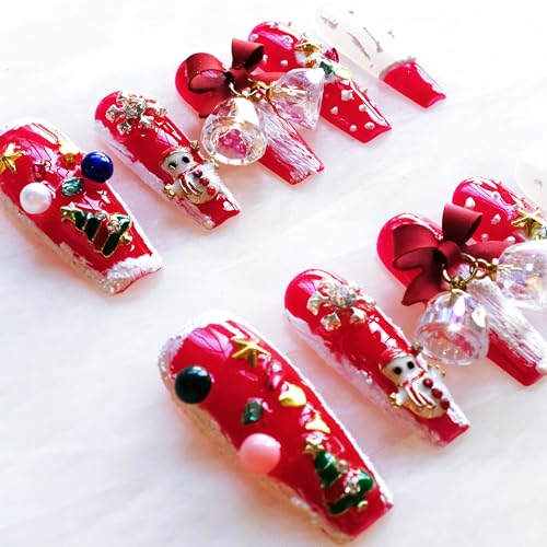 GLORS nails red base with white bows for elegant seasonal styling.