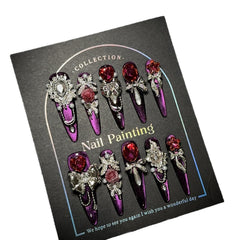 GLORS luxury long press-on nails in purple glitter stiletto with rhinestones for at-home glamour