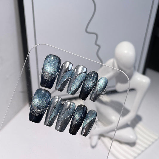 GLORS Purly medium ballerina nails with galaxy cat-eye shimmer for at-home salon-like results.