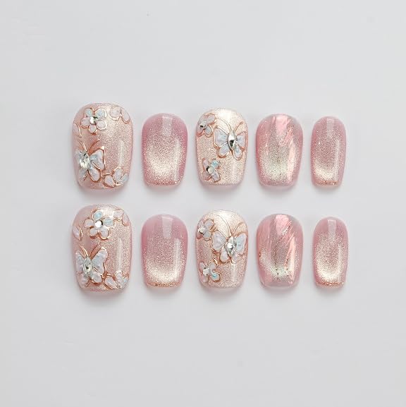 GLORS Unique Art Nail pink cat eye with butterflies and flowers for glamorous everyday style.